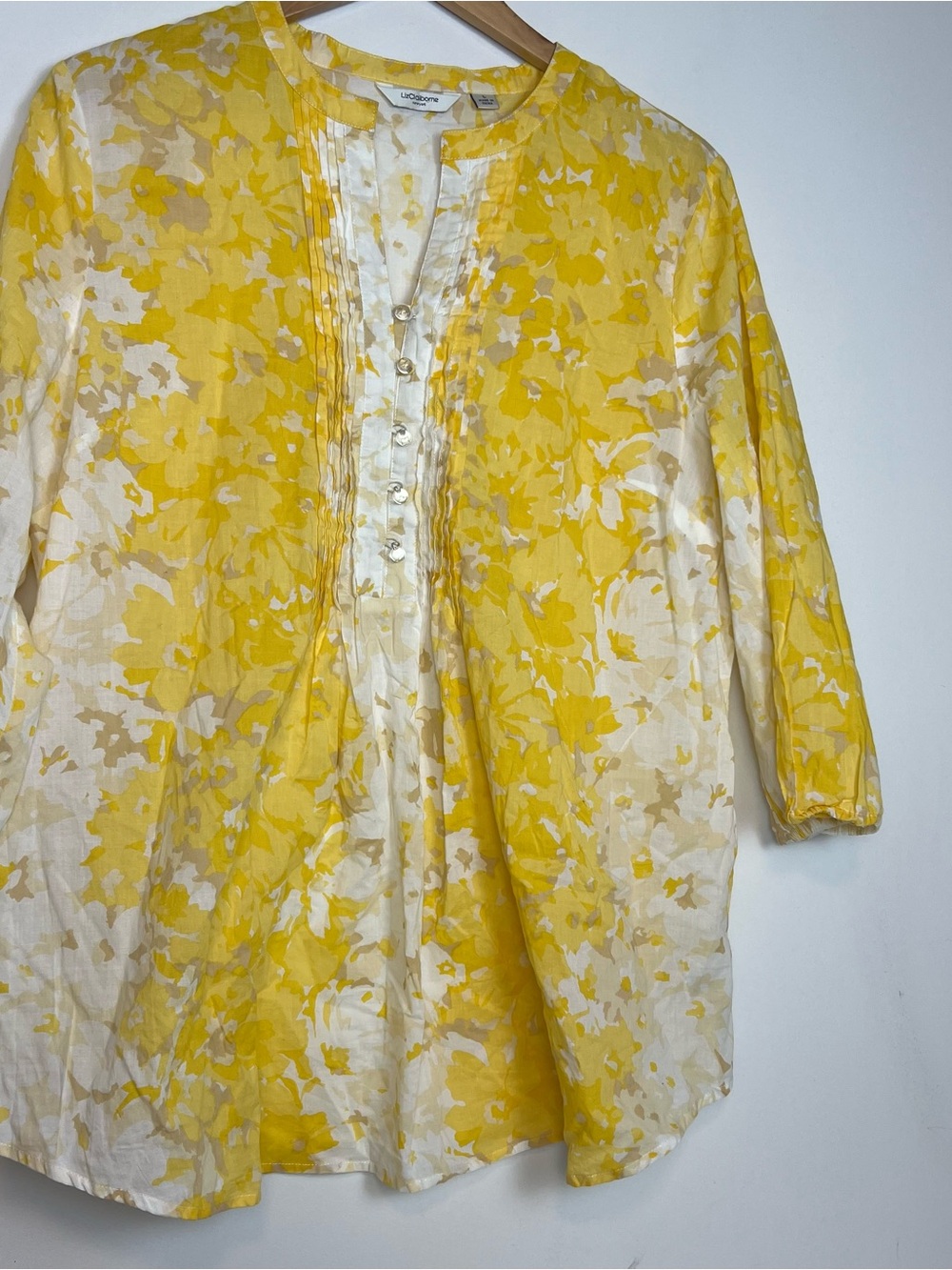 Liz Claiborne Yellow Floral Tunic Blouse 100% Cotton Pintuck-Size-Large